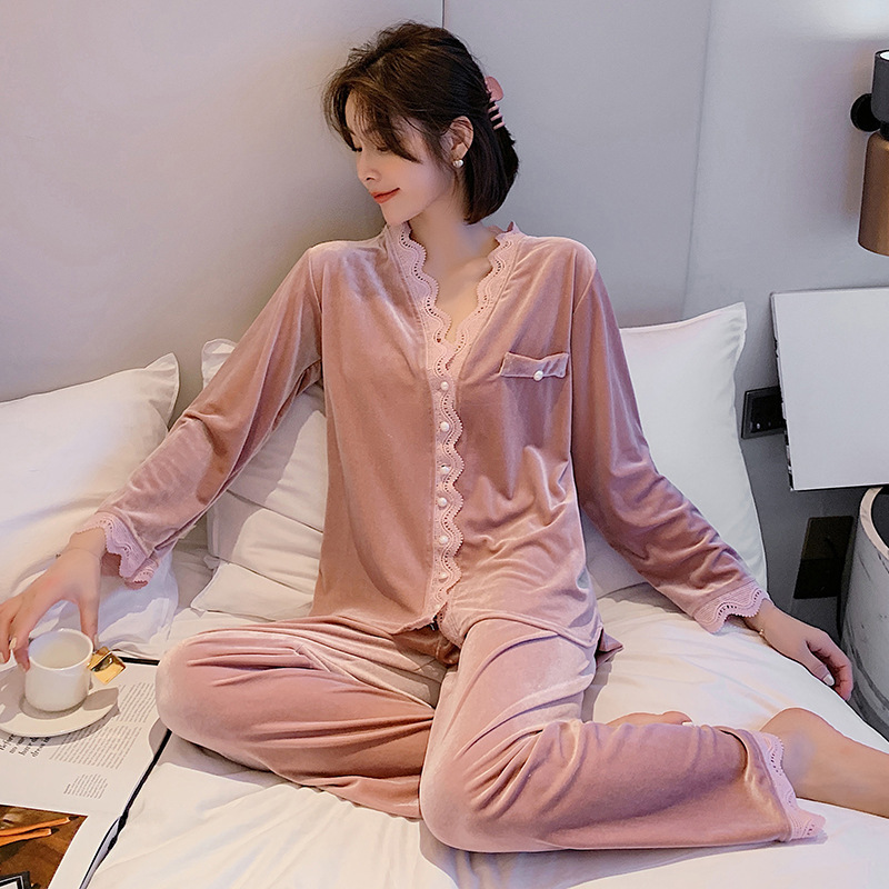 Autumn and Winter New Golden Velvet Pajamas Girl's Sweet Short Velvet Lace Simple Solid Color Velvet Outer Wear Home Clothes