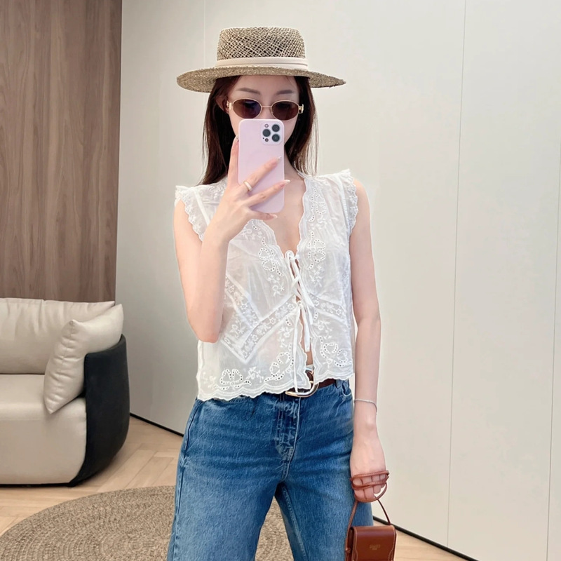 Za Women's Export 2025 Summer Pure Lust Style Loose Bow Sleeveless Embroidered Shirt Top 0881017