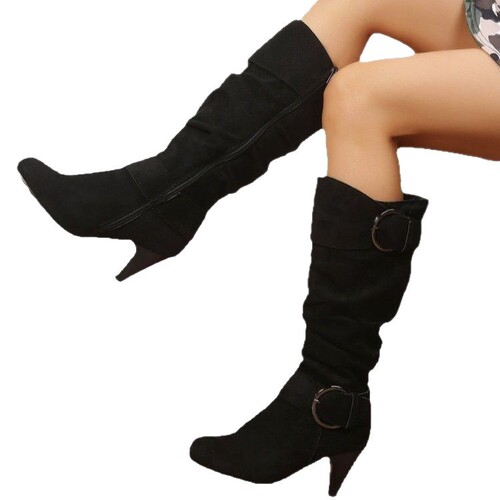 Leather Belt Buckle Fashion Boots Winter Women Tall Cylinder Plus Size High Heel Knight Boots