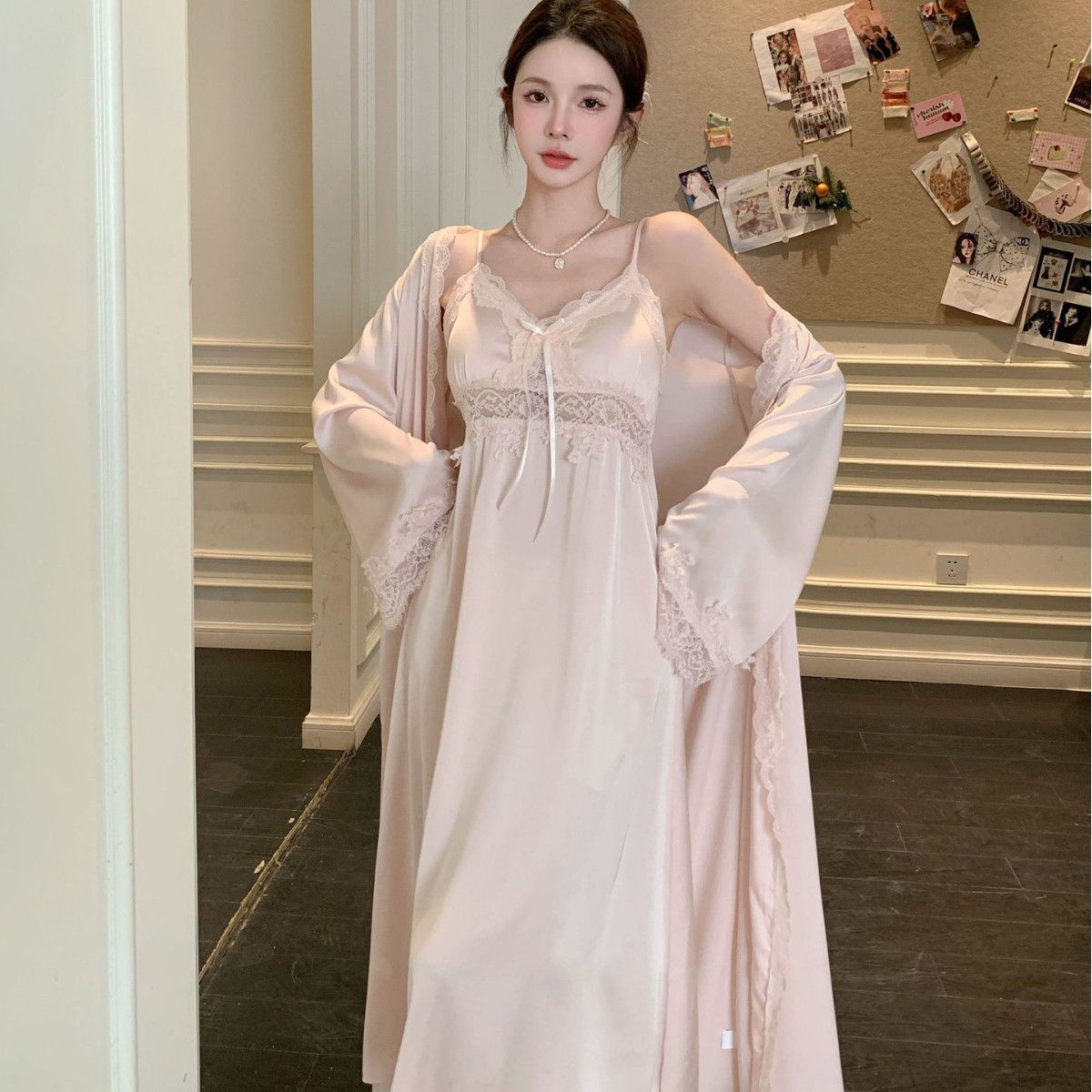 Spring and Summer Sweet Sling Long Nightgown Women's Sexy Thin Sling Ice Silk Nightgown Pure Desire Style Long Sleeve Nightgown