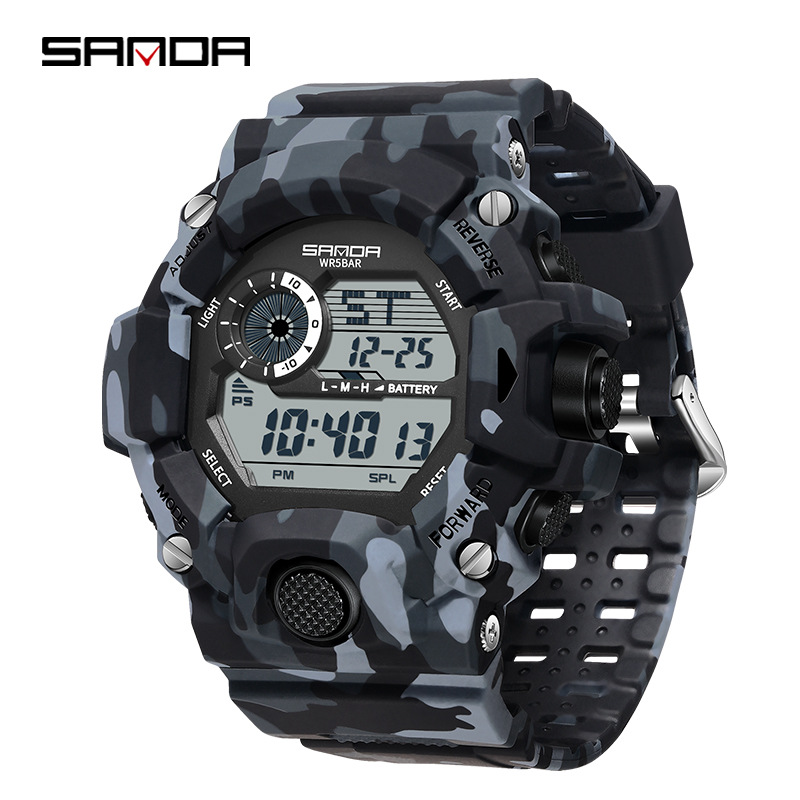 SANDA Camuflaje reloj electrónico de montaña deportivo al aire libre impermeable multifuncional reloj de negocios para hombres 2183
