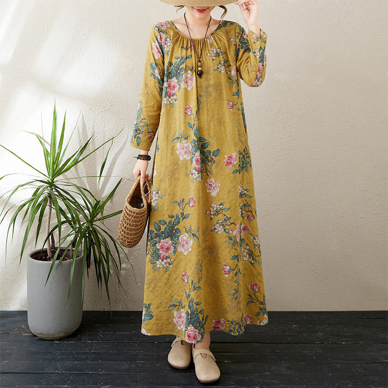 Actual Shot of 2025 Early Spring New Round Neck Pleated Loose Lazy Skirt Normcore Long-Sleeved Maxi Dress Holiday Style Actual Shot of 2025 Early Spring New Round Neck Pleated Loose Lazy Skirt Normcore Long-Sleeved Maxi Dress Holiday Style