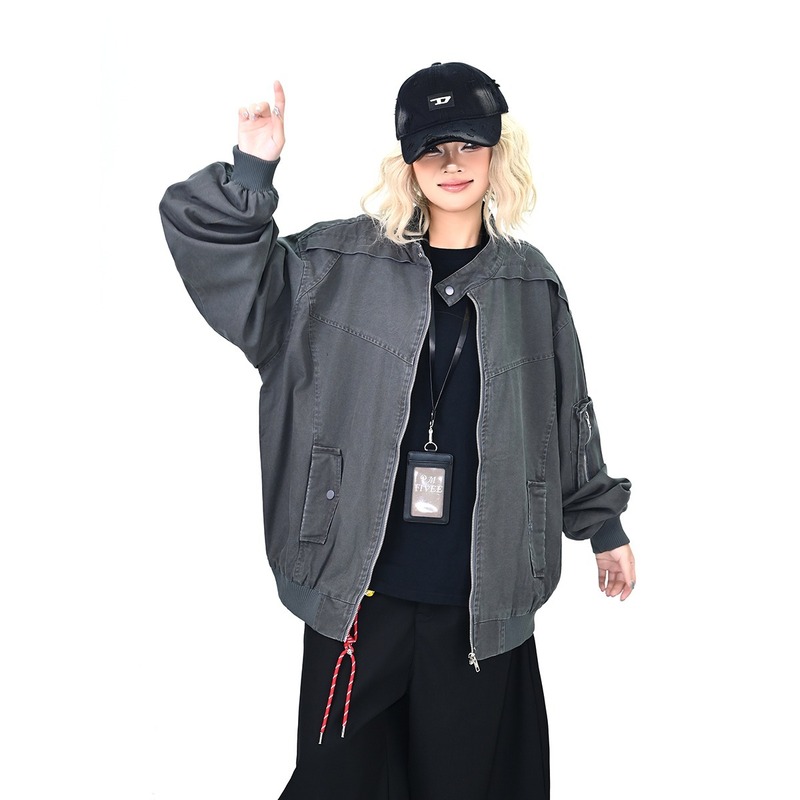 跨境美式复古机车风立领夹克女2025新款街头宽松休闲工装外套上衣|undefined