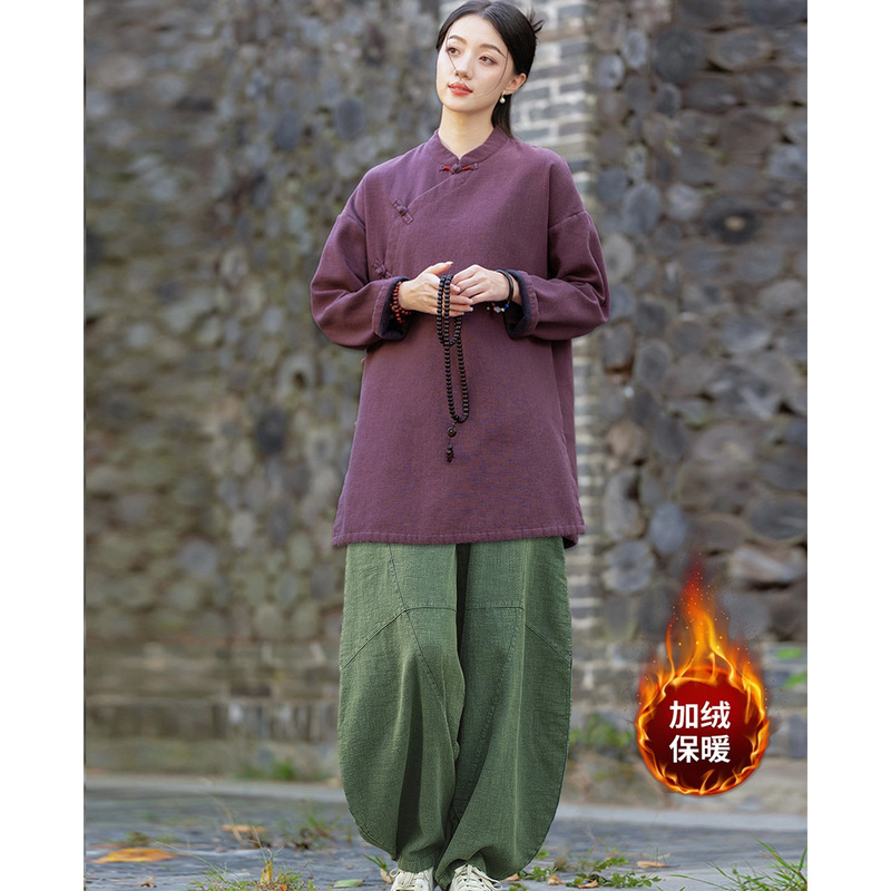 居士服女款秋冬加绒加厚棉麻上衣外套禅意佛系素衣套装打坐禅修服|undefined