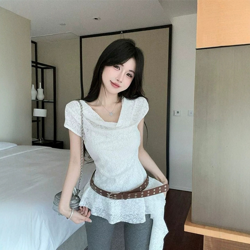 Lace Shirt with a Flared Collar and Short Sleeves for Women, Summer 2026, Plus Size, Slimming Effect, Tie Waist, Irregular Ribbon Top