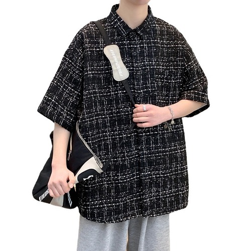 Xiao Xiang style plaid short-sleeved shirt men's trendy brand summer high-end cool and stylish oversized youth shirt jacket