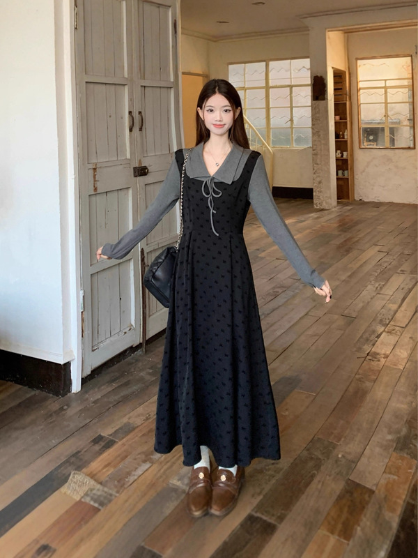 大码女装法式假两件连衣裙女秋冬季新款赫本风显瘦打底长裙|undefined