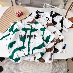 Children's Tie-Dye Short Sleeve T-Shirt 2023 Summer Korean Version New Boy Cute Letter Tie-Dye Loose Round Neck Trendy Kids