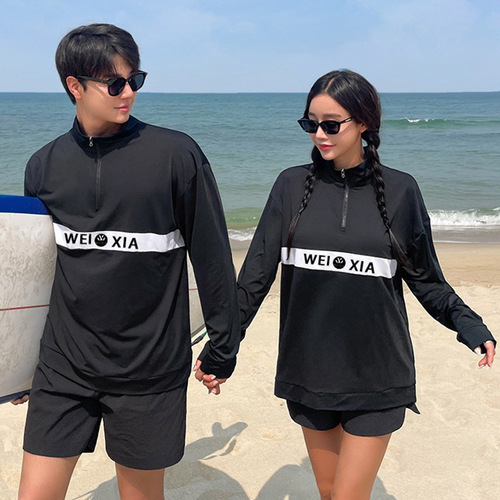 2024 Korean Version New Men's and Women's Letter Relaxed Zipper Long Sleeve Straight Short Shorts Swimwear Ins Vacation Swimwear