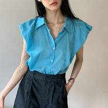 KITTIN 韩系设计高级感莱赛尔翻领无袖小衫插肩袖单排扣天丝衬衫