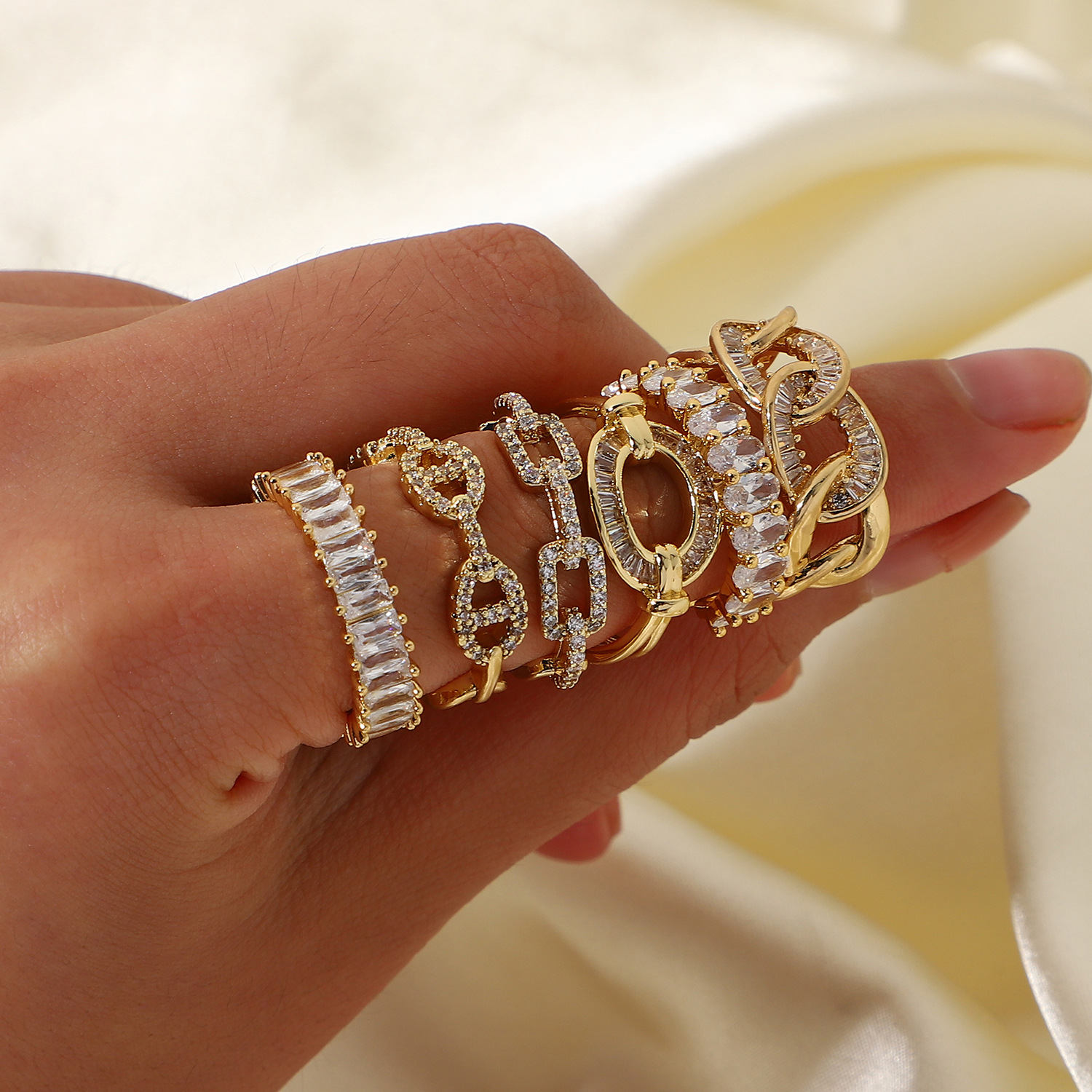 INS网红同款18K金铜镶锆戒指开口可调节时尚新款对戒几何型指环女