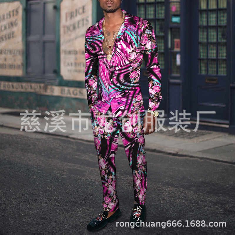 2022 Manufacturer's Printed Shirt 3D Men's Suit New European and American Long Sleeve Lapel Shirt Fashion Two-Piece Set