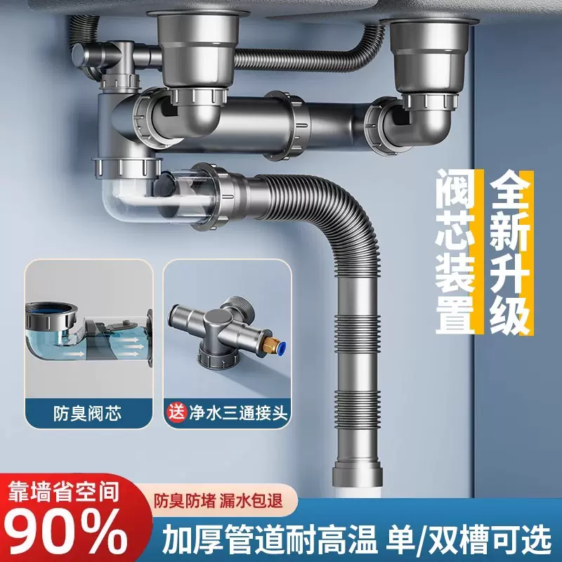 厨房洗菜盆下水管水槽单槽双槽下水器防臭过滤后置靠墙省空间套装