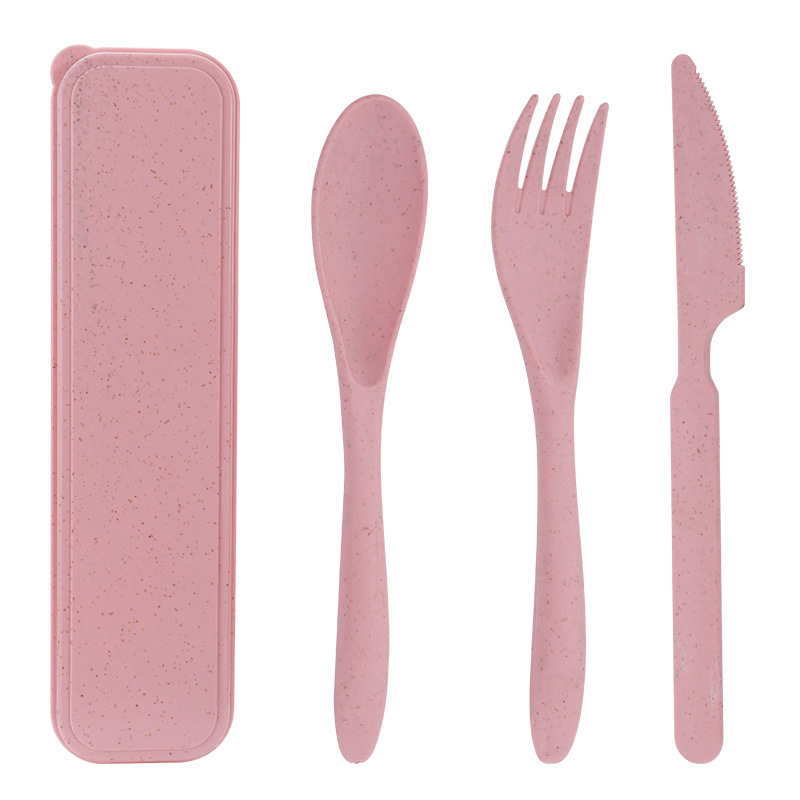 Set de 3 cubiertos de paja de trigo, portátil, para oficina y viajes