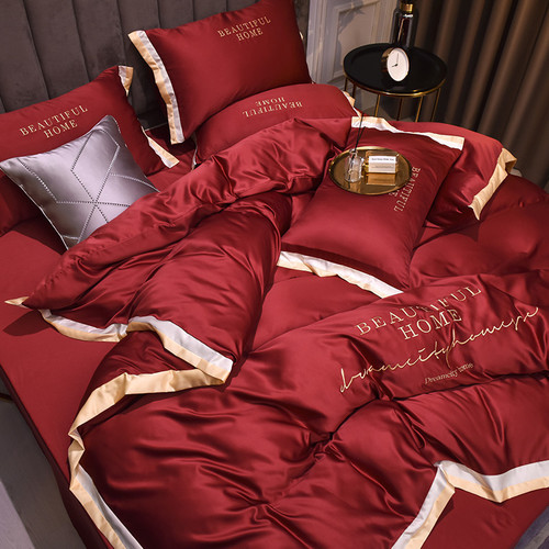 Summer ice silk four-piece set wedding burgundy bed sheets 1.8 bedspread quilt cover ice silk satin wedding room bedding