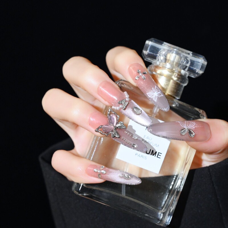 New Pure Handmade Manicure, Sparkling Three-Dimensional Cat Eye, Whitening French Butterfly Temperament, Gentle and Wearable High-End Nails