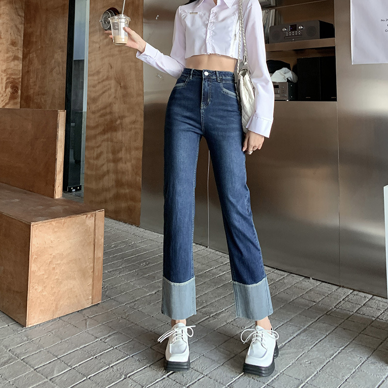 卷边直筒牛仔裤女春季2023年新款冬季小个子九分高腰烟管裤翻边潮