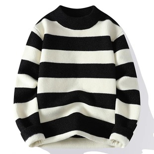 Classic Wide Stripe Mock Turtleneck Warm Sweater Men's 2024 New Autumn and Winter Top Loose Base Sweater