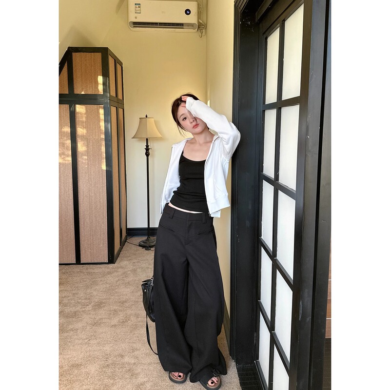 大きいサイズの韓国語のズボンの広脚のズボンの女性2025新型の春の百合の垂れ下がった感じのズボンのゆったりしている灰色のカジュアルなズボン|undefined