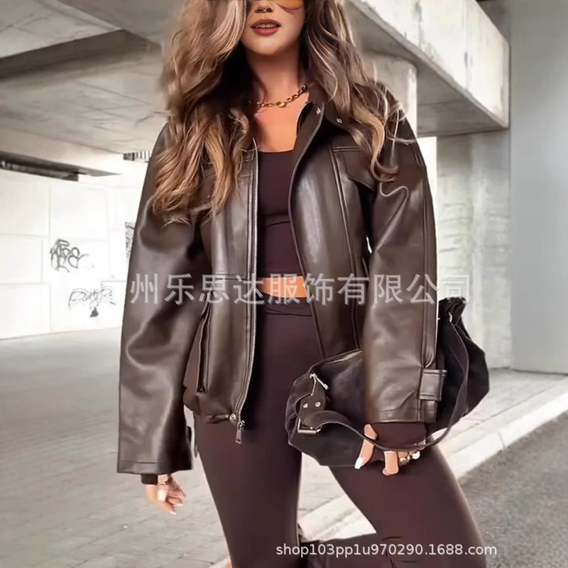 欧美跨境女装亚马逊独立站美式复古翻领气质休闲皮夹克皮衣外套女|undefined