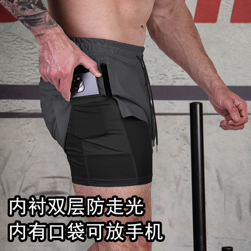 Sports Casual Shorts Mesh Double-Layer American Mid-Pants Men's Fitness Summer Large Size Running Quick-Drying Lined Quarter Pants