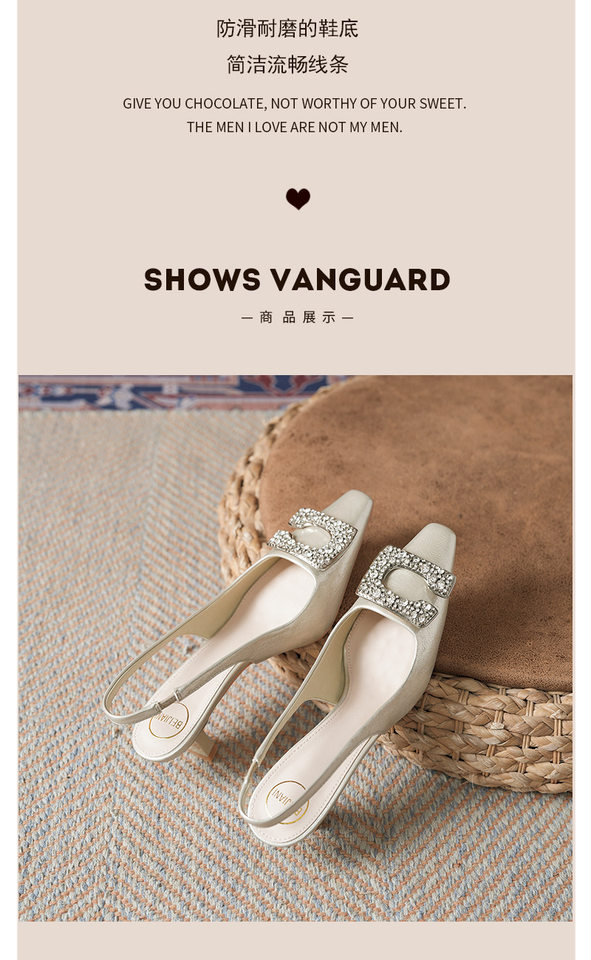 Sandal nữ bít mũi hở gót gót vuông đính đá khóa vuông, gót 3–6 cm — Màu bạc, Màu hồng nhạt, Vàng nhạt chi tiết 7