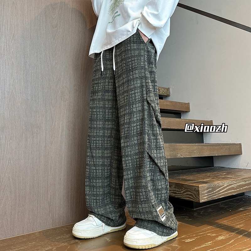 Galería americana retro japonesa suelta pantalones a cuadros para mujeres super caliente primavera y otoño de piernas anchas tendencia recta pantalones casuales para hombres