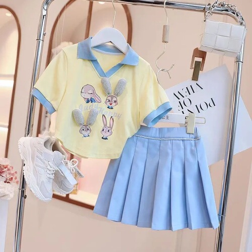 Girls' Summer 2024 New Arrival Children's Casual Two-Piece Set Short-Sleeve Athletic Pants Cartoon Skirt