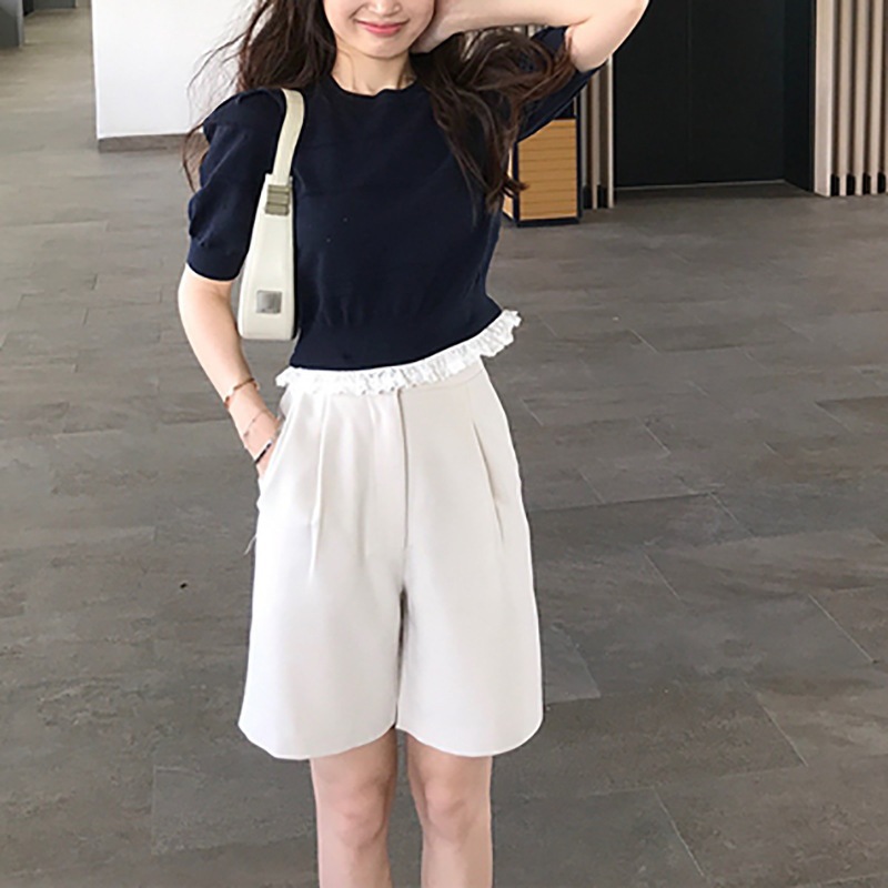 威廉堡少女乖乖牌手工花边小针织衫上衣短款百搭设计感泡泡袖T恤