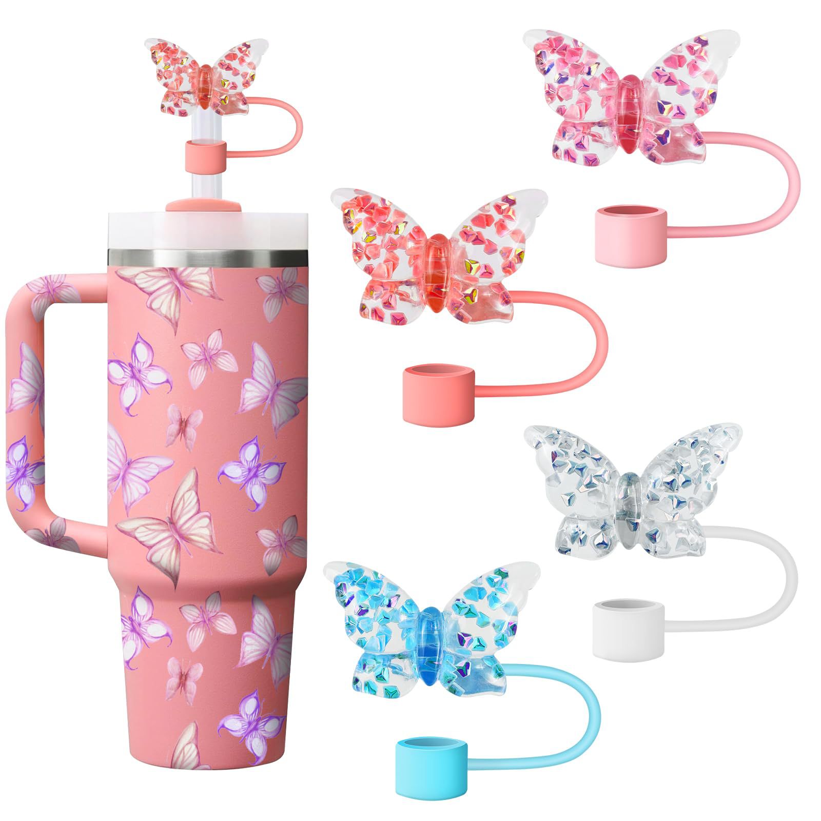 Nueva tapa de pajita de mariposa tapón de polvo color acrílico mágico cubierta de pajita de mariposa taza de agua cubierta de pajita decoración