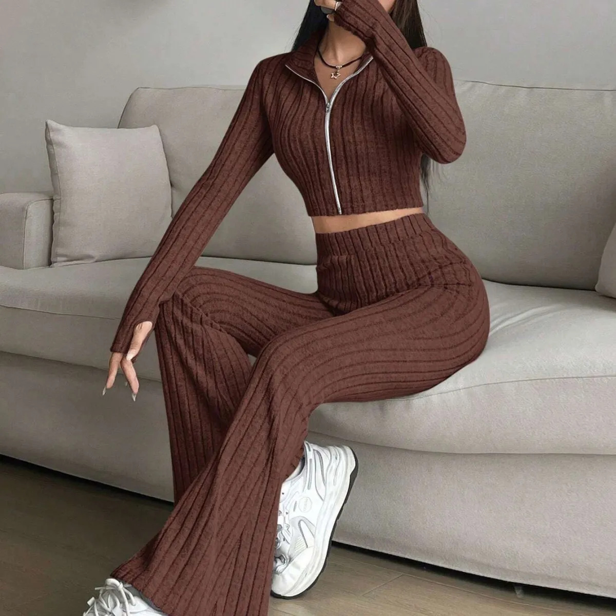Cross-Border New European and American Style Autumn and Winter Short Long-Sleeved Zipper Pants Fashionable Outerwear Casual Sweatshirt Women's Suit