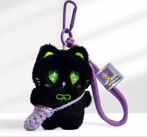 Super lindo pequeño gato negro tejido lindo cuerdas de mano de peluche hechas a mano muñeca llavero colgante bolsos colgantes de teléfonos móviles