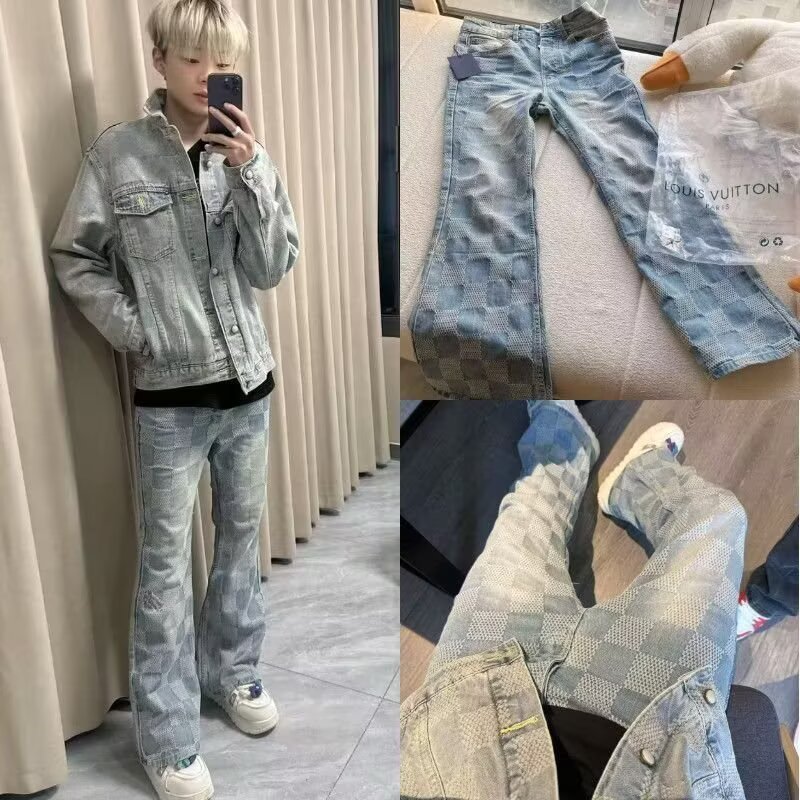 American Trendy Brand Jeans for Men in Spring and Summer High Street Handsome Wide-Leg Pants Loose Retro Checkerboard Straight Pants