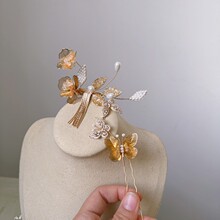 高品质金色流苏蝴蝶结花朵时尚新中式秀和服金光闪闪发夹发簪发饰