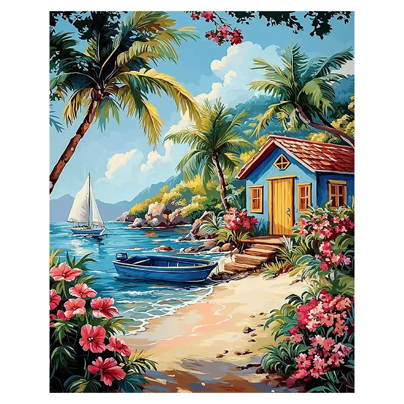 数字油画diy海边风景丙烯颜料手工画填色画数字油彩画客厅装饰画
