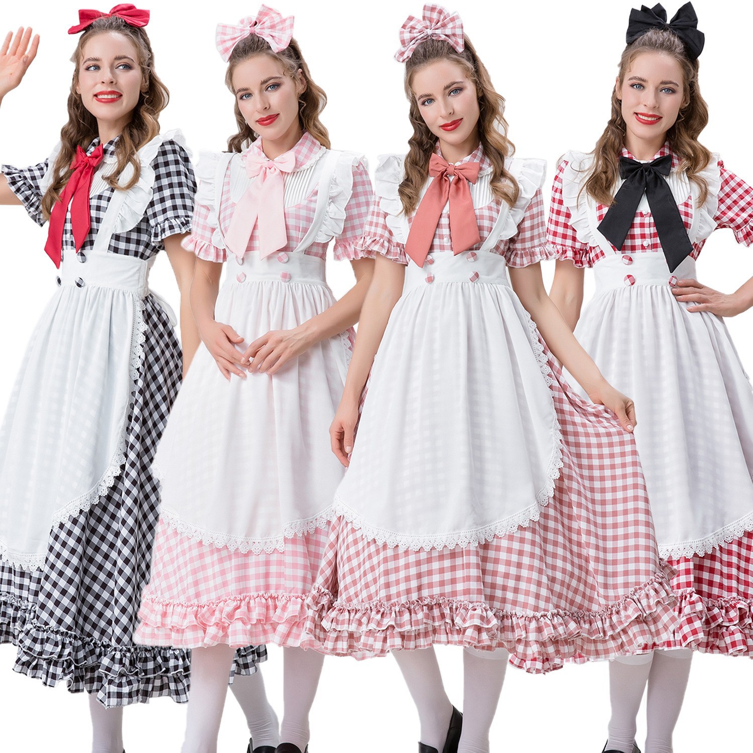 Four-Color Halloween Farmhouse Costume Red and White Checkered Lace Beer Festival Costume Maid and Host Dress