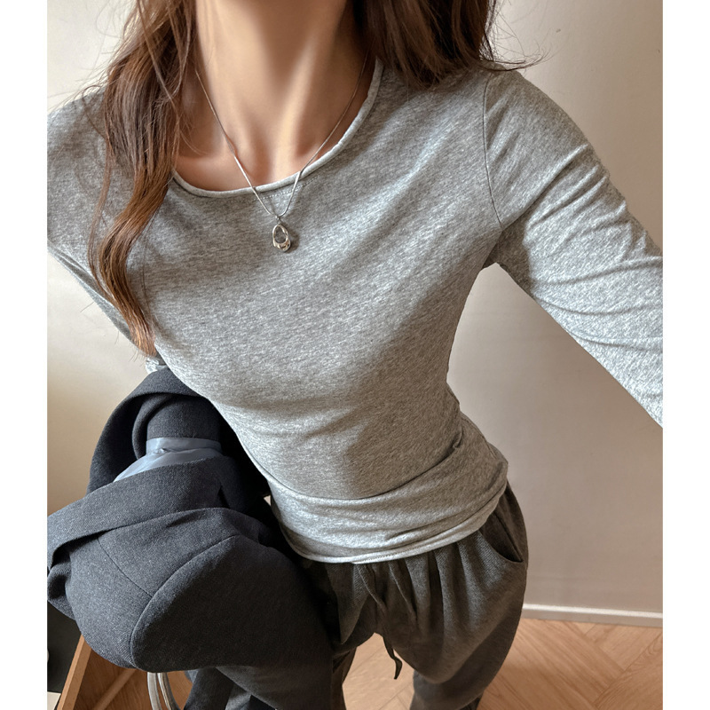 灰色美式圆领打底衫女内搭秋冬高级感正肩修身长袖t恤设计感上衣|undefined