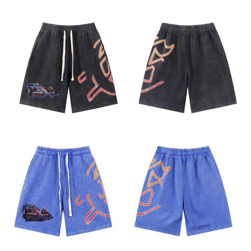 Summer Washed Distressed Shorts Gods New Motorcycle Style Racing Print Casual Versatile Drawstring Straight Pants for Men