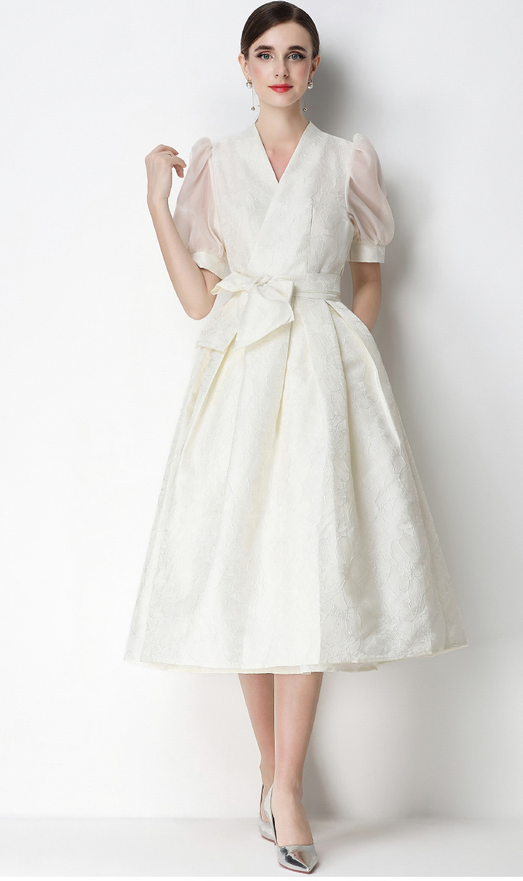 Đầm maxi nữ thắt eo V cổ tay ngắn họa tiết jacquard thanh lịch — màu đen, xanh lam, Màu hồng, màu trắng chi tiết 39