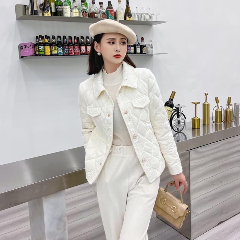 Western style short down jacket for women 2024 new casual lightweight autumn and winter French style tweed stitching short coat