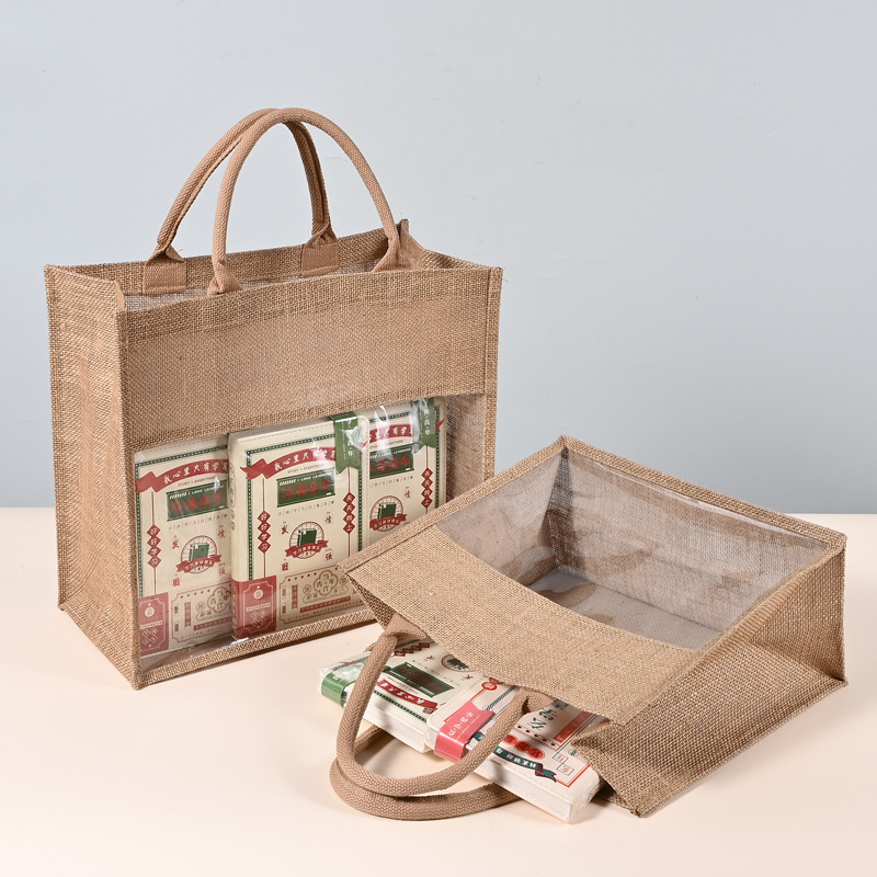 Bolsa de lino de PVC de ventana personalizada moda ecológica yute lino transparente regalo bolsa de lino tote