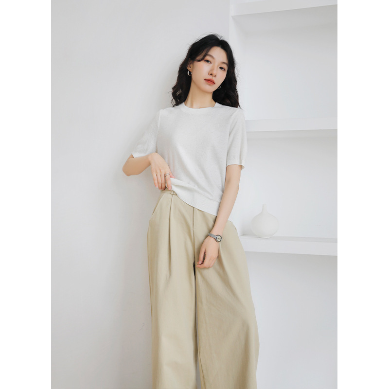 Machine Washable White Ice Silk Knit Top for Women 2026 Spring/Summer New Style Sequined Round Neck White Short-Sleeve T-Shirt