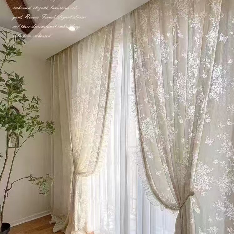 Floral Butterfly-Themed French-Style Vintage Bay Window Butterfly Window Curtain Sheer Curtain Romantic Retro Home Decor Non-Transparent Fabric