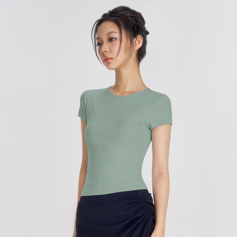 Huankan ファッショナブルなヌードランニングヨガ T シャツ、女性用、薄手、スリムフィット、スポーツ半袖、エレガントなラウンドネック、女性用フィットネスウェア|undefined