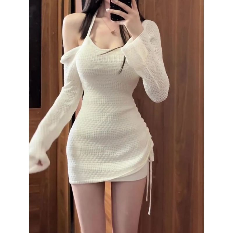 (2개) 사이드 풀 할로우 불규칙한 탑 긴 소매 칼라 선 스크린 블라우스 세트 여성의 여름 민소매 목 화이트 스커트