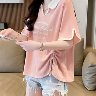 大码华夫格抽褶短袖T恤女2025夏季新款宽松显瘦设计感时尚上衣