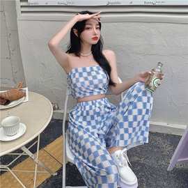 格子套装2022夏季新款套装修身短款抹胸上衣格子褶皱阔腿裤两件套
