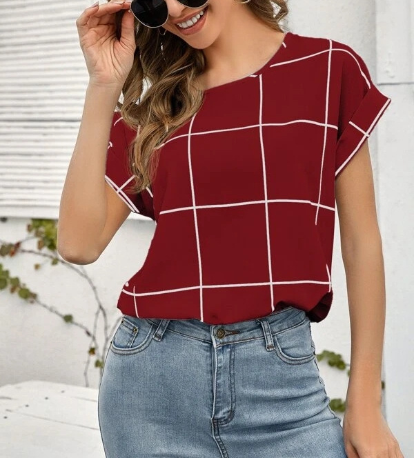 drop-shoulder short-sleeved round neck loose plaid printing t-shirt NSFH130969