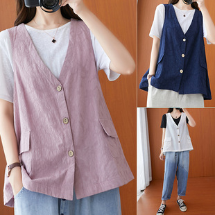 Foreign-style plus size Women's Jacquard Vest Women's Loose Slimming All-match Cardigan Pocket Coat Women's Summer 2024