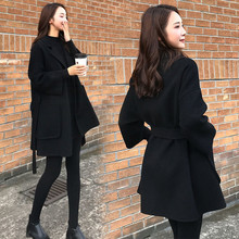 网红中长款小个子毛呢外套女学生秋冬季韩版系带收腰黑色呢子大衣